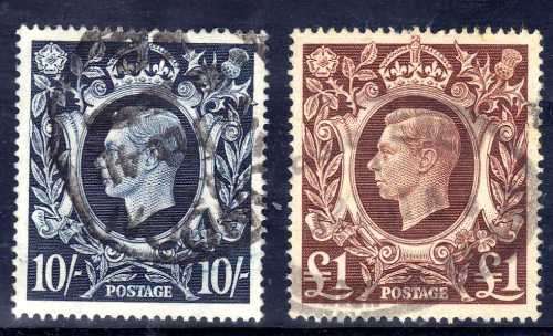 GREAT BRITAIN 1939-48 DEFIN 10/- DARK BLUE & 1 POUND BROWN FINE USED. SG 478 & 478b. CAT 48 POUNDS.