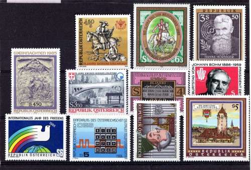 AUSTRIA 1985-86 11 STAMPS UMM. SG 2067-2073, 2080-85. CAT 11,85 POUNDS.