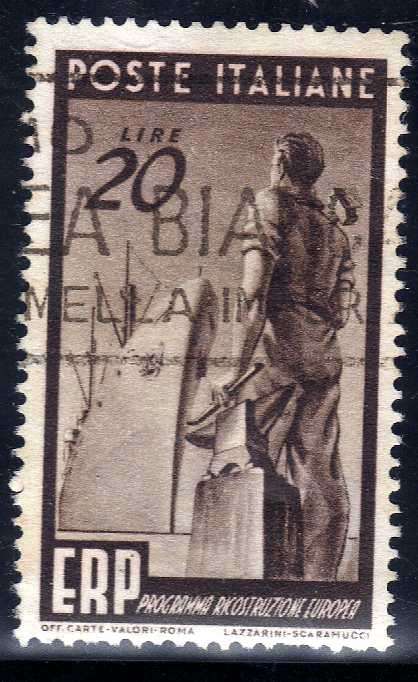 ITALY 1949 "EUROPEAN RECOVERY PLAN" 20L BROWN VERY FINE USED. SG 729. CAT 27 GBP.