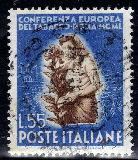 ITALY 1950 "EUROPEAN TOBACCO CONFERENCE ROME" 55L BROWN & BLUE VERY FINE USED. SG 757. CAT 30 GBP.