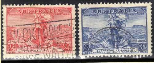 AUSTRALIA 1936 "OPENING SUBMARINE TELEPHONE CABLE TASMANIA" SET OF 2 VFU. SG 159-1. CAT 3,25 POUNDS.