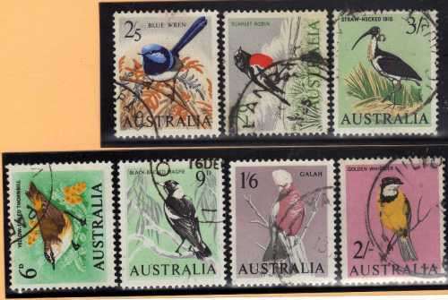 AUSTRALIA 1964 BIRDS SET OF 7 FINE - VFU. SG 363-369. CAT 14 POUNDS.