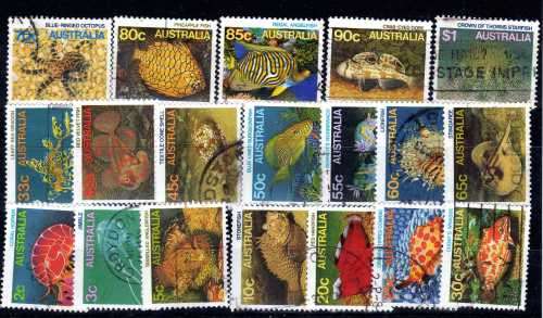 AUSTRALIA 1984 DEFINITIVE "MARINE LIFE" SET OF 19 VFU. SG 919-937. CAT 14,45 POUNDS.