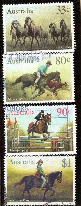 AUSTRALIA 1986 "AUSTRALIAN HORSES" SET OF 4 VFU. SG 1010-13. CAT 7,15 POUNDS.