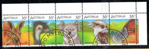 AUSTRALIA 1986 "AUSTRALIAN WILDLIFE" 1ST SERIES STRIP OF 5 VFU. SG 1023-27. CAT 4,75 POUNDS.