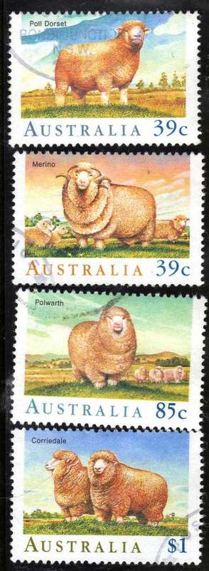 AUSTRALIA 1989 "SHEEP IN AUSTRALIA" SET OF 4 VFU. SG 1195-1198. CAT 6,50 POUNDS.