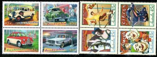 AUSTRALIA 1997 2 SETS OF 4 UMM. (1) CLASSIC CARS (2) CIRCUS. SG 1667-70 & 1675-78. CAT 4,20 POUNDS.