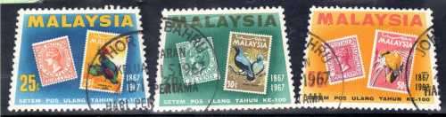 MALAYSIA 1967 & 1992. 2 SETS OF STAMPS ON STAMPS. SG 48-50 VFU & SG 487-490 UMM. CAT 13,50 GBP.