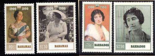 BAHAMAS & BARBADOS 1990 QUEEN MOTHER 90th BIRTHDAY 2 SETS OF 2 UMM. CAT 7,25 GBP.