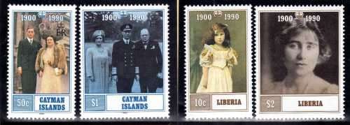 CAYMAN ISLANDS & LIBERIA 1990 QUEEN MOTHER 90th BIRTHDAY 2 SETS OF 2 UMM. CAT 8,15 GBP.