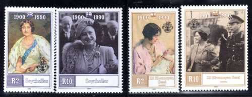 SEYCHELLES & ZIL ELWANNYEN 1990 QUEEN MOTHER 90th BIRTHDAY 2 SETS OF 2 UMM. CAT 10,25 GBP.
