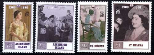 ASCENSION & ST HELENA 1990 QUEEN MOTHER 90th BIRTHDAY 2 SETS OF 2 UMM. CAT 6,75 GBP.