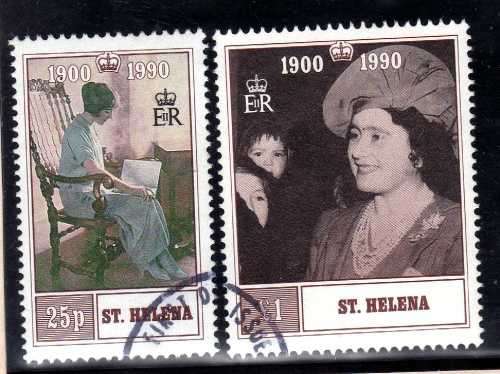 ST HELENA 1990 QUEEN MOTHER 90th BIRTHDAY SET OF 2 VFU. CAT 4,50 GBP.