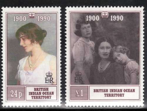 BRITISH INDIAN OCEAN TERRITORY 1990 QUEEN MOTHER 90th BIRTHDAY SET OF 2 UMM. CAT 10 GBP.