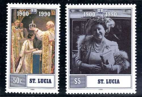 ST LUCIA 1990 QUEEN MOTHER 90th BIRTHDAY SET OF 2 UMM. SG 1053-4. CAT 4,75 GBP.