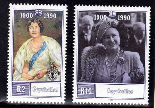 SEYCHELLES BRITISH ROYALTY 2 SETS OF 2 UMM. (1) QUEEN MOTHER 90th BIRTHDAY. (2) QE II 65TH BIRTHDAY.