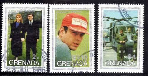 GRENADA 1986 ROYAL WEDDING PRINCE ANDREW AND SARAH FERGUSON SET OF 3 AND MINI SHEET VFU.