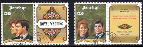 PENRHYN ISLANDS 1986 ROYAL WEDDING PRINCE ANDREW AND SARAH FERGUSON SET OF 2 AND 2 LABELS VFU.