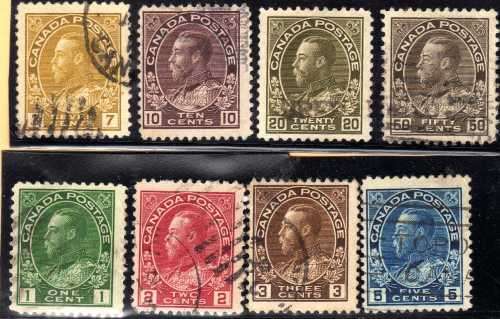 CANADA 1911-22 KGV DEFIN BASIC SET OF 8 VERY FINE USED. SG 196/215. CAT 12 POUNDS.
