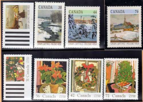 CANADA CHRISTMAS 2 SETS OF 4 UMM (1) 1987 PLANTS SG 1254-7 (2) 1989 PAINTINGS SG 1342-5 CAT 7,75 GBP