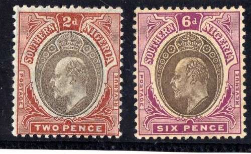 SOUTHERN NIGERIA 1904-09 DEFIN 2d & 6d FINE MOUNTED MINT. SG 23 & 27. CAT 15,50 POUNDS.