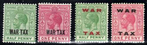 BAHAMAS 1918, 1919 WAR TAX 2 x 1/2d, 2 x 1d LMM.  SG 96-97 & 102-3. CAT 8,05 POUNDS.