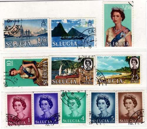 ST LUCIA 1964 DEFINITIVE PART SET OF 11 VFU. SG 197-201, 203-4, 206-208 & 210. CAT 6 POUNDS.