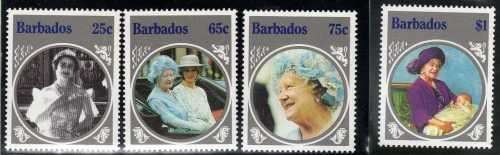 BARBADOS 1985 "LIFE AND TIMES OF QUEEN MOTHER" SET OF 4 U.M.M. SG 779-782. CAT 4,65 POUNDS.