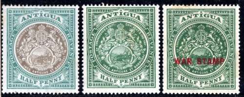 ANTIGUA 1903 & 1908 1/2d DEFINITIVES MM & 1916 WAR STAMP MM & VFU. SG 31, 41 & 53 x 2. CAT 13,50 GBP