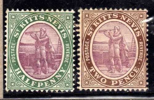 ST KITTS-NEVIS 1903 DEFIN 1/2d & 2d + 1905 DEFIN 1/2d, 1d, 2,5d & 3d LMM. CAT 14,25 GBP.
