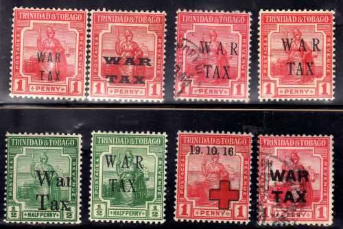 TRINIDAD AND TOBAGO 1915-1918 WAR TAX. 6 MM & 2 VFU. CAT 12,20 GBP.
