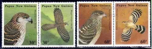 PAPUA NEW GUINEA 1985 "BIRDS OF PREY" SET OF 3 PAIRS VFU. SG 500-505. CAT 9,80 POUNDS.