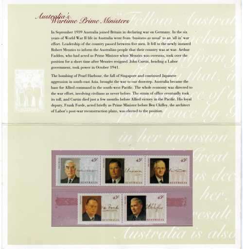 AUSTRALIA 1994 "WARTIME PRIME MINISTERS" SET OF 5 IN PRESENTATION PACK UMM. SG 1470-74. CAT 6,25 GBP