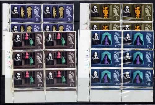 GREAT BRITAIN 1964 "SHAKESPEARE FEST" PHOSPHOR BAND SET OF 4 IN CYLINDER BLOCKS OF 6. CAT 72 POUNDS.