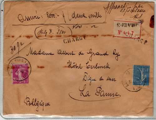 FRANCE 1931 RARE COVER TO BELGIUM WITH WAX SEALS & 1926 WAR ORPHAN'S FUND 5F+1F ON BACK. SG 453.