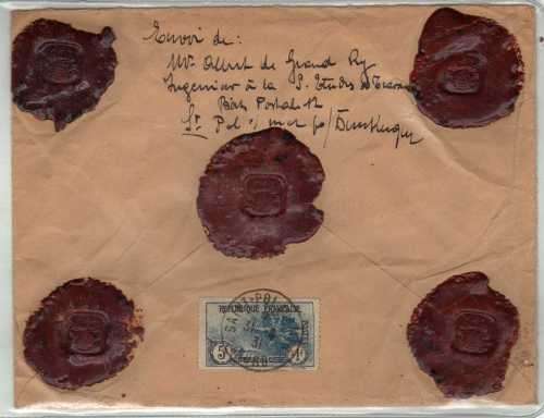 FRANCE 1931 RARE COVER TO BELGIUM WITH WAX SEALS & 1926 WAR ORPHAN'S FUND 5F+1F ON BACK. SG 453.