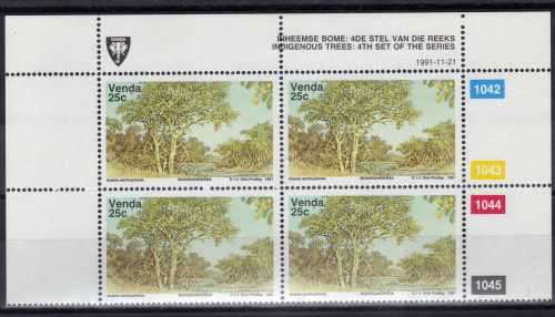 VENDA 1991 INDIGENOUS TREES VARIETY SET OF CONTROL BLOCKS UMM. SACC 230a-233a. CAT R48000 +++