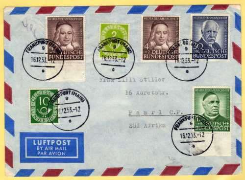 GERMANY 1953 HUMANITARIAN RELIEF FUND PART SET ON AIR MAIL COVER TO SOUTH AFRICA. VERY FINE.