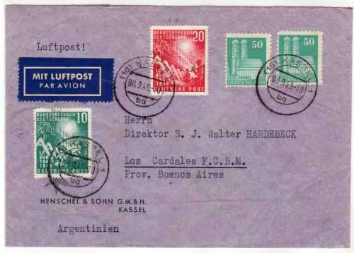 GERMANY 1949 "OPENING OF PARLIAMENT, BONN" SET OF 2 ON AIR MAIL COVER TO ARGENTINA. VERY FINE.