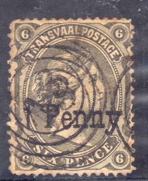 TRANSVAAL 1879 QV 6d SURCH "1 Penny" IN BLACK GOOD USED. SCARCE!! SACC 167. SG 141.