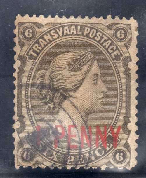 TRANSVAAL 1879 QV 6d SURCH "1 PENNY" IN RED VERY FINE USED. SCARCE!! SACC 171a. SG 145a.