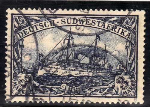 GERMAN SOUTH WEST AFRICA 1901 YACHT ISSUE 3 MARK BLACKISH VIOLET VFU. NO WMK. SACC 24. CAT R1000.