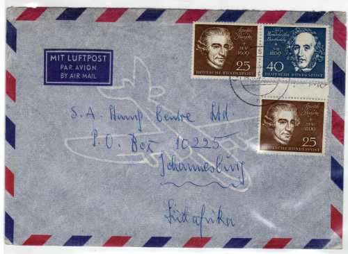 GERMANY 1959 "BEETHOVEN HALL, BONN" 25pf (x2) & 40pf ON AIR MAIL COVER TO SOUTH AFRICA. Mi 318, 319.