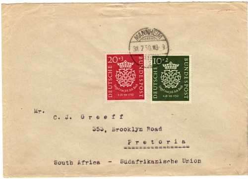 GERMANY 1950 "BACH" SET ON COVER TO SOUTH AFRICA. Mi 121-122. CAT 120 EURO (MICHEL 2004/5)