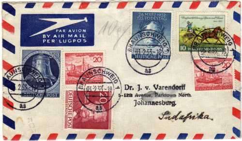 GERMANY 1953 AIR MAIL COVER TO SA. BERLIN WEST 1951 "FREEDOM BELL" 30Pf & 1952 "BEETHOVEN"  30Pf +++