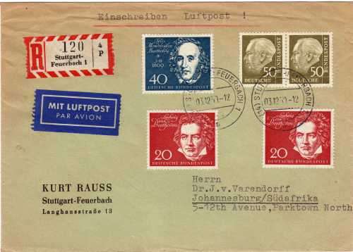 GERMANY 1959 "BEETHOVEN HALL, BONN" 20pf (x2) & 40pf ON AIR MAIL COVER TO SOUTH AFRICA. Mi 317, 319.
