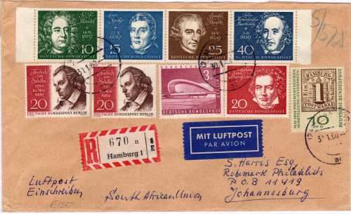 GERMANY 1960 AIR MAIL COVER TO SOUTH AFRICA WITH "BEETHOVEN HALL, BONN" SET & OTHERS TIED TO COVER.