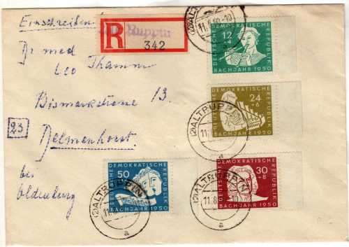GERMANY DDR (EAST GERMANY) 1950 "DEATH BICENT OF BACH" SET OF 4 ON COVER.