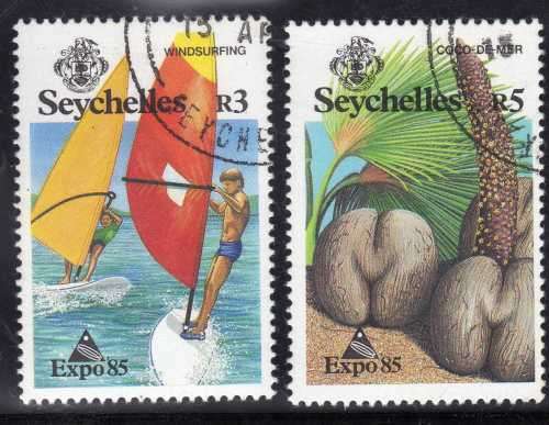 SEYCHELLES 1985 "EXPO 85 JAPAN" R3 & R5 VFU. SG 611-612. CAT 7,50 POUNDS.