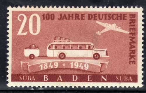 GERMANY BADEN 1949 GERMAN STAMP CENTENARY 20pf BROWN MM. SG FB55. CAT 6,75 POUNDS.